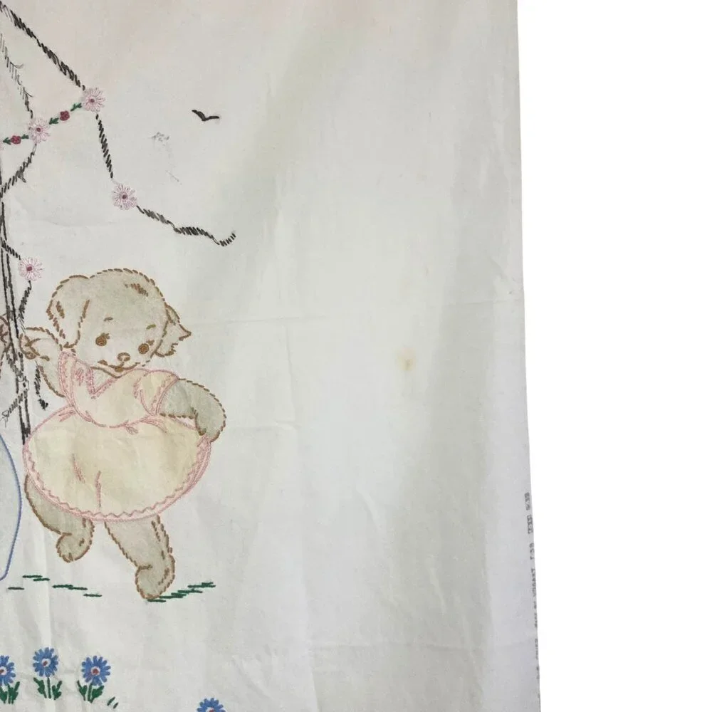 Vintage Hand Embroidered Applique Baby Crib Sheet Cover Puppies Dancing Maypole